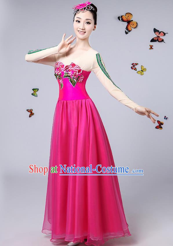 Traditional Chinese Modern Dance Opening Dance Clothing Chorus Rosy Big Swing Dress Costume for Women