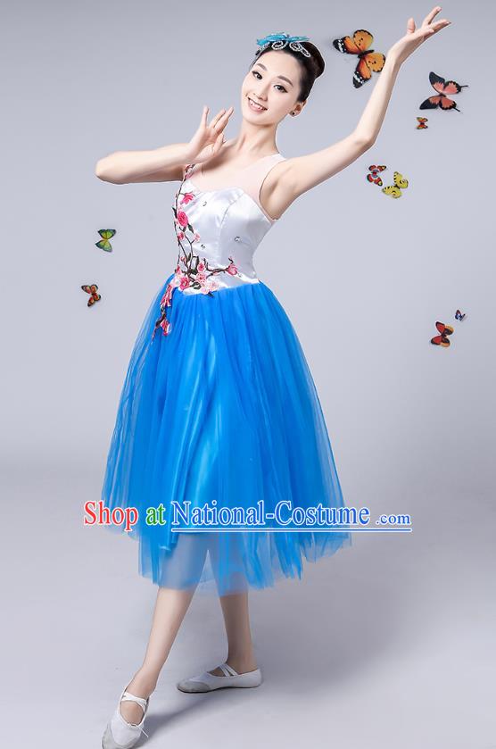 Traditional Chinese Modern Dance Opening Dance Clothing Chorus Blue Veil Dress Costume for Women