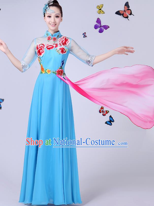 Traditional Chinese Modern Dance Opening Dance Clothing Chorus Blue Cheongsam Dress Costume for Women