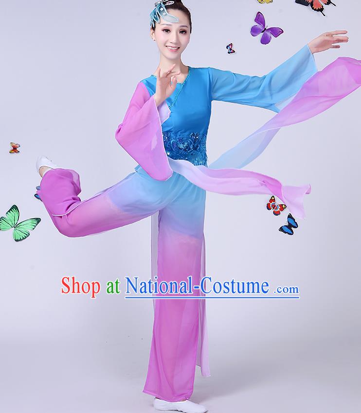 Traditional Chinese Classical Umbrella Dance Blue Costume, China Yangko Folk Fan Dance Clothing for Women