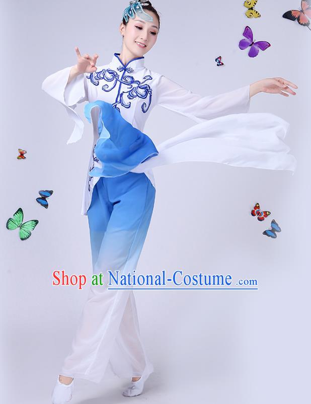 Traditional Chinese Classical Umbrella Dance White Costume, China Yangko Folk Fan Dance Clothing for Women