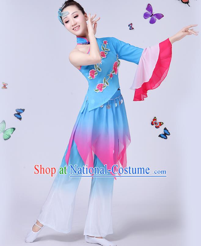 Traditional Chinese Classical Umbrella Dance Embroidered Blue Costume, China Yangko Folk Fan Dance Clothing for Women