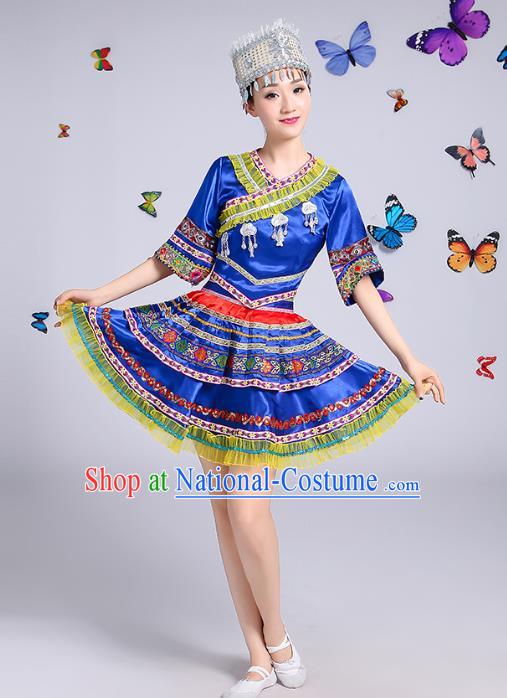 Traditional Chinese Miao Nationality Dance Costume, Hmong Female Folk Dance Ethnic Pleated Skirt Embroidery Clothing for Women