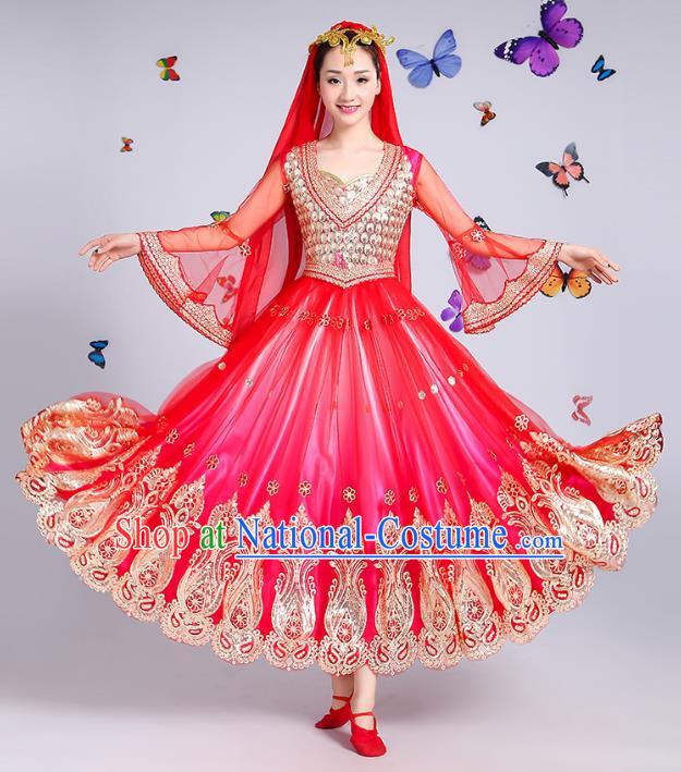 Traditional Chinese Uyghur Nationality Dance Costume, Chinese Uigurian Minority Dance Rosy Dress Clothing for Women