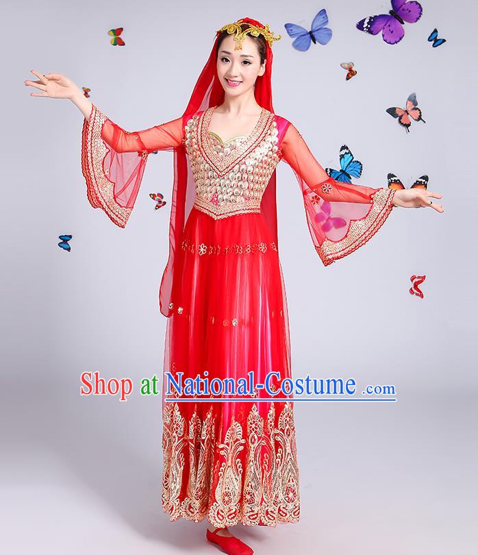 Traditional Chinese Uyghur Nationality Dance Costume, Chinese Uigurian Minority Dance Red Dress Clothing for Women