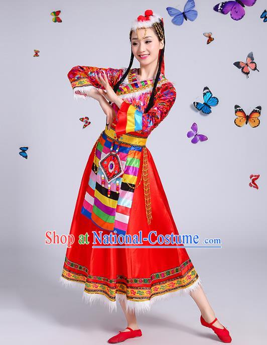 Chinese Traditional Mongol Nationality Dance Costume, Mongols Folk Dance Ethnic Minority Embroidery Red Dress Clothing for Women