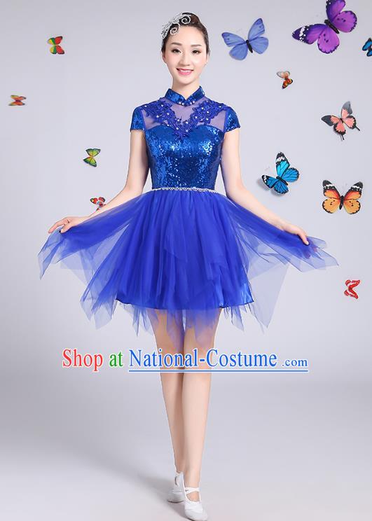 Traditional Chinese Modern Dance Opening Dance Clothing Chorus Blue Veil Bubble Dress Costume for Women