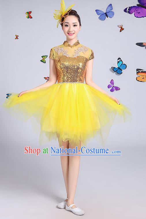 Traditional Chinese Modern Dance Opening Dance Clothing Chorus Yellow Veil Bubble Dress Costume for Women