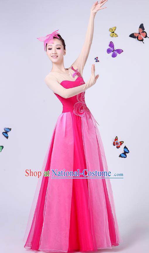 Traditional Chinese Modern Dance Opening Dance Clothing Chorus Folk Umbrella Dance Rosy Dress for Women