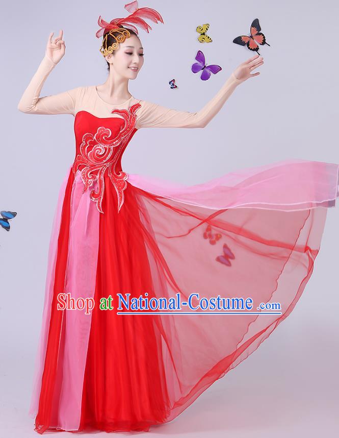 Traditional Chinese Modern Dance Opening Dance Clothing Chorus Folk Umbrella Dance Red Dress for Women