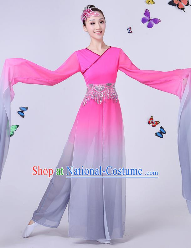 Traditional Chinese Classical Umbrella Dance Water Sleeve Pink Costume, China Yangko Folk Fan Dance Clothing for Women