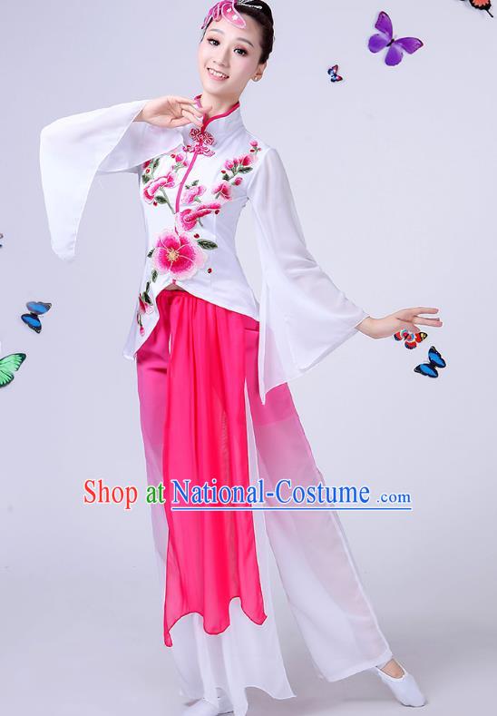 Traditional Chinese Classical Umbrella Dance Embroidered Peony White Costume, China Yangko Folk Fan Dance Clothing for Women