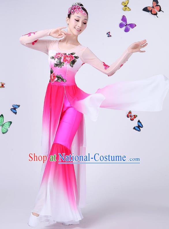 Traditional Chinese Classical Umbrella Dance Embroidered Peony Pink Costume, China Yangko Folk Fan Dance Clothing for Women