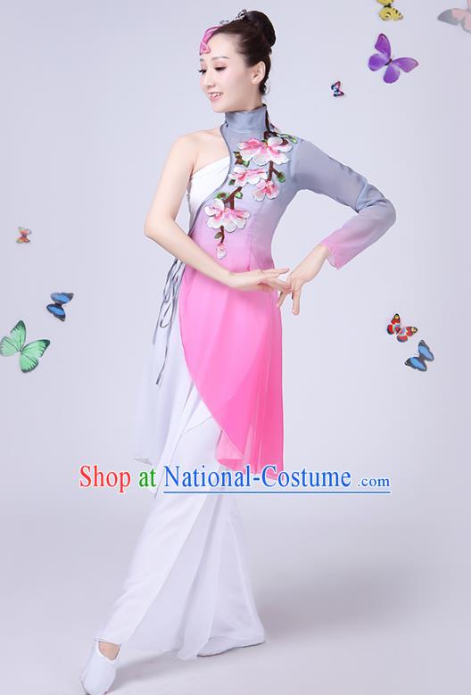 Traditional Chinese Classical Fan Dance Embroidered Peony Costume, China Yangko Folk Umbrella Dance Clothing for Women