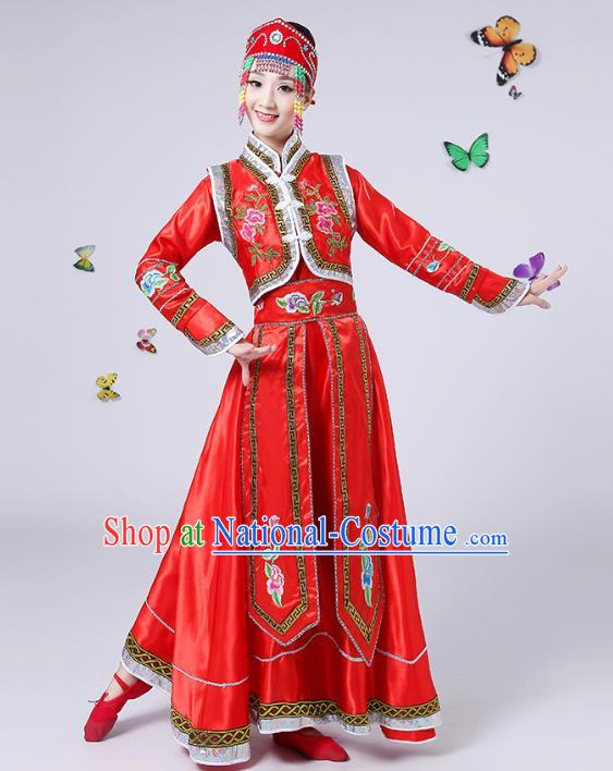 Traditional Chinese Mongol Nationality Dance Costume, China Folk Dance Mongolian Minority Embroidery Red Dress for Women