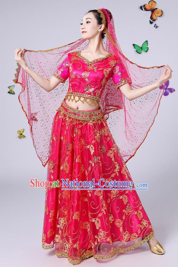 Traditional Chinese Uyghur Nationality Dance Costume, Chinese Uigurian Minority Nationality Dance Rosy Clothing for Women