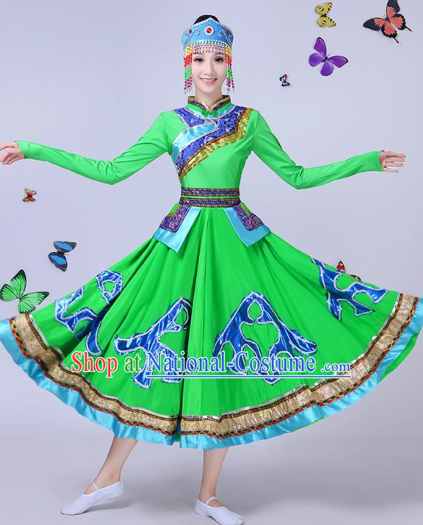 Traditional Chinese Mongol Nationality Dance Costume, Chinese Mongolian Minority Folk Dance Embroidery Green Dress for Women