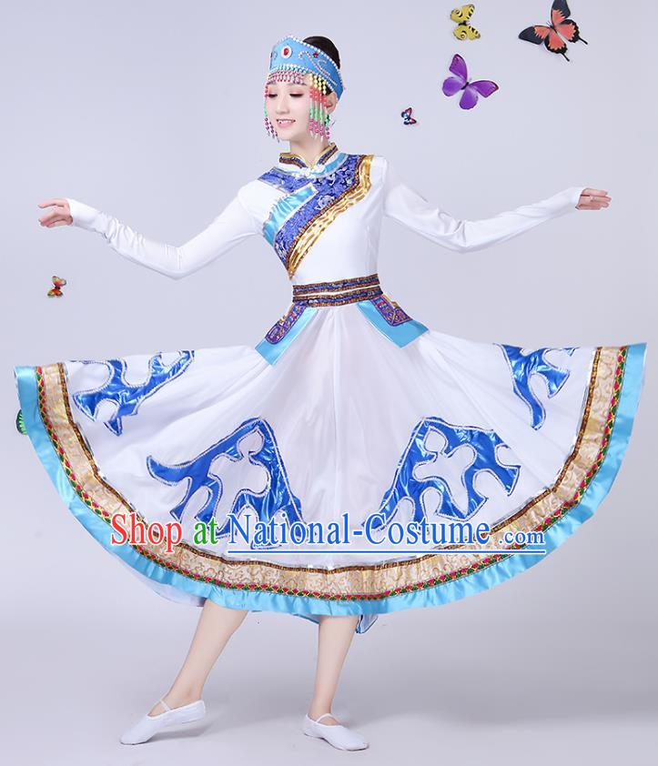 Traditional Chinese Mongol Nationality Dance Costume, Chinese Mongolian Minority Folk Dance Embroidery White Dress for Women