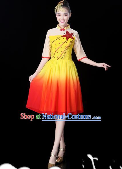 Traditional Chinese Modern Dance Opening Dance Clothing Chorus Yellow Dress for Women