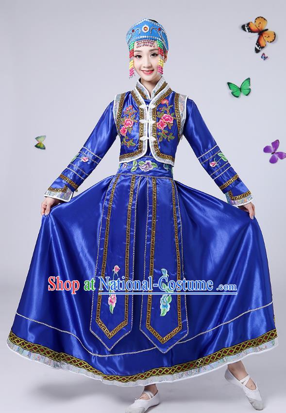 Traditional Chinese Mongol Nationality Dance Costume, China Folk Dance Mongolian Minority Embroidery Blue Dress for Women