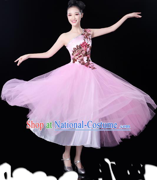 Traditional Chinese Modern Dance Opening Dance Clothing Chorus Pink Bubble Dress for Women