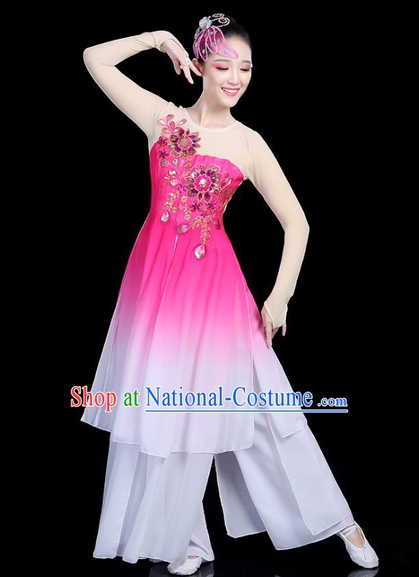 Traditional Chinese Classical Dance Pink Uniform Fan Dance Costume, China Yangko Folk Umbrella Dance Clothing for Women