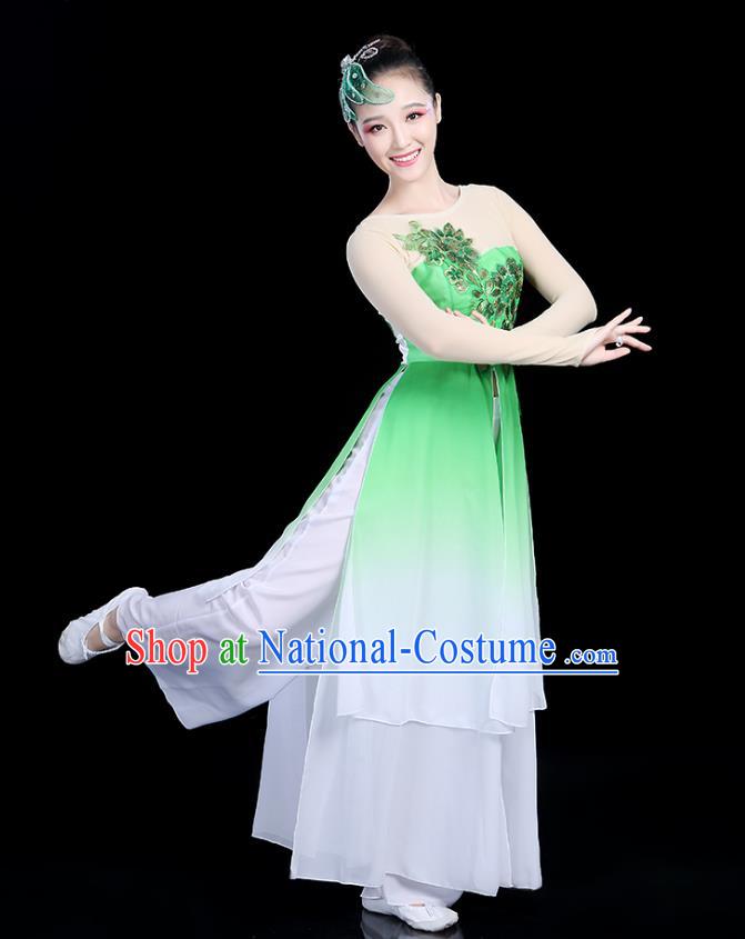 Traditional Chinese Classical Dance Green Uniform Fan Dance Costume, China Yangko Folk Umbrella Dance Clothing for Women