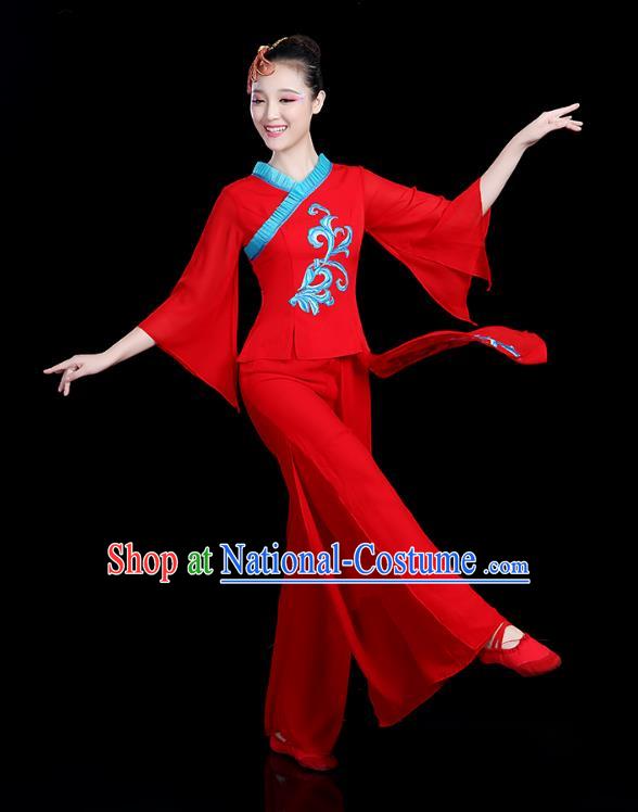 Traditional Chinese Classical Dance Red Uniform Fan Dance Costume, China Yangko Folk Umbrella Dance Clothing for Women