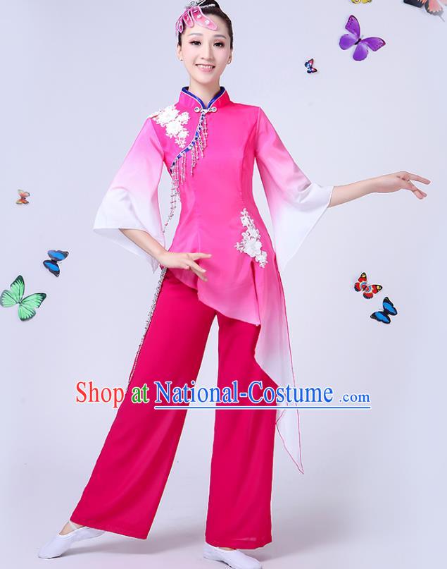 Traditional Chinese Classical Fan Dance Costume, China Yangko Folk Fan Dance Pink Clothing for Women