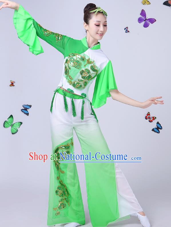 Traditional Chinese Classical Umbrella Dance Green Costume, China Yangko Folk Fan Dance Clothing for Women