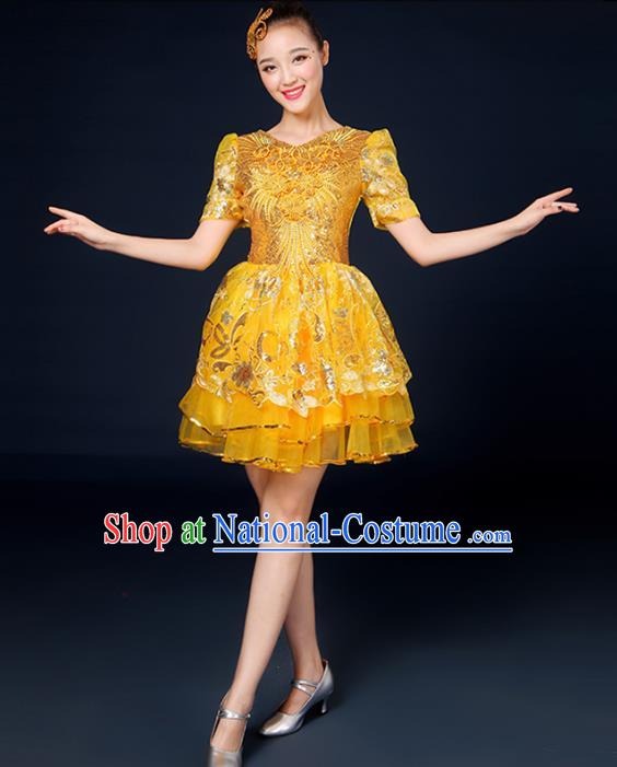 Traditional Chinese Modern Dance Opening Dance Clothing Chorus Classical Dance Yellow Bubble Dress for Women