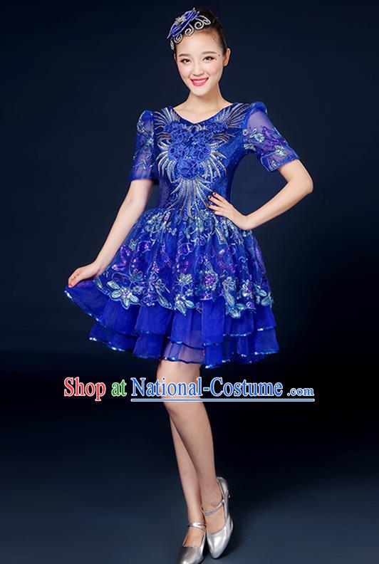 Traditional Chinese Modern Dance Opening Dance Clothing Chorus Classical Dance Blue Bubble Dress for Women