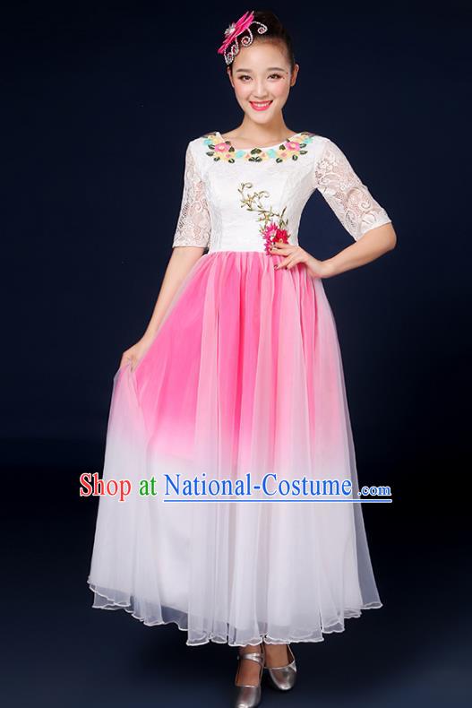 Traditional Chinese Modern Dance Opening Dance Clothing Chorus Classical Dance Lace Pink Dress for Women