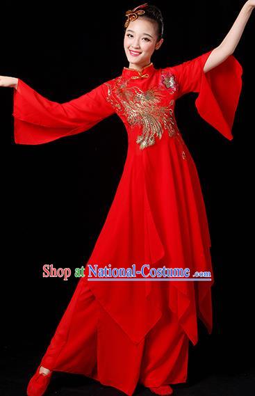 Traditional Chinese Yangge Fan Dance Red Paillette Uniform, China Classical Folk Yangko Drum Dance Clothing for Women