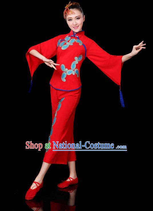 Traditional Chinese Yangge Fan Dance Red Uniform, China Classical Folk Yangko Drum Dance Clothing for Women