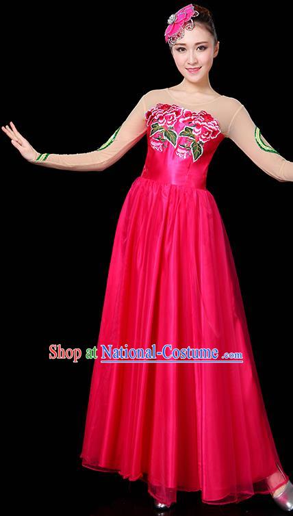 Traditional Chinese Modern Dance Opening Dance Clothing Chorus Classical Dance Embroidered Rosy Long Dress for Women