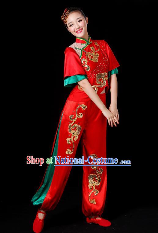 Traditional Chinese Yangge Fan Classical Dance Red Uniform, China Folk Yangko Drum Dance Clothing for Women