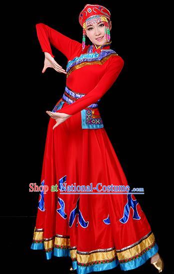 Traditional Chinese Mongol Nationality Dance Red Dress, Chinese Mongolian Minority Folk Dance Embroidery Clothing for Women