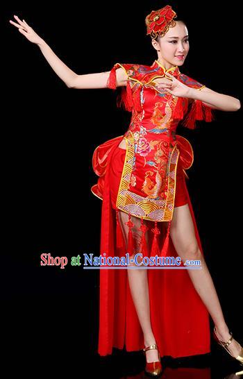 Traditional Chinese Modern Dance Opening Jazz Dance Clothing Chorus Classical Dance Embroidered Red Costume for Women