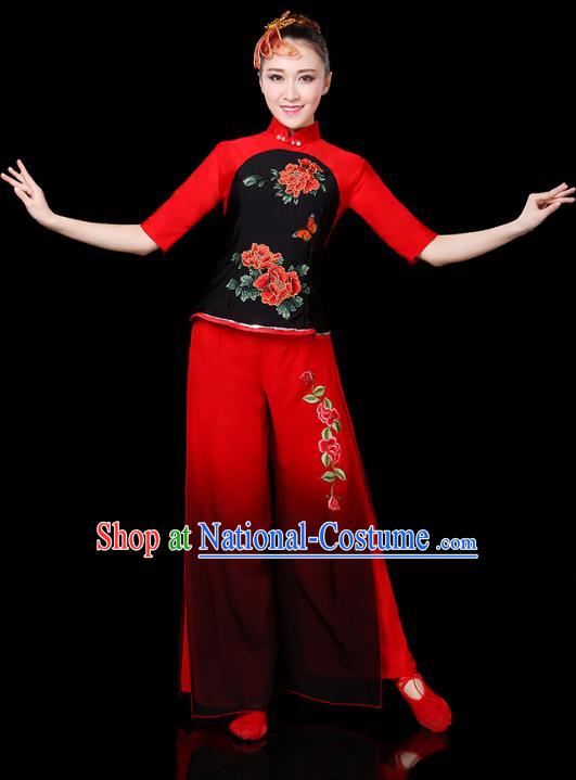 Traditional Chinese Yangge Fan Classical Dance Embroidered Uniform, China Folk Yangko Drum Dance Clothing for Women