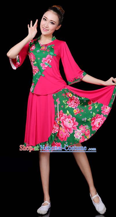 Traditional Chinese Yangge Fan Classical Dance Peony Rosy Uniform, China Folk Yangko Drum Dance Clothing for Women