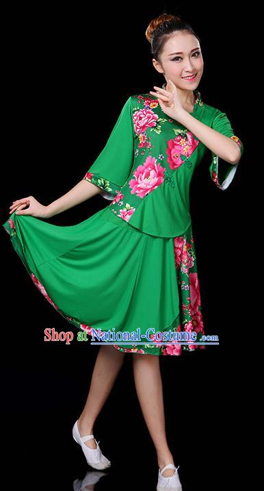 Traditional Chinese Yangge Fan Classical Dance Peony Green Uniform, China Folk Yangko Drum Dance Clothing for Women