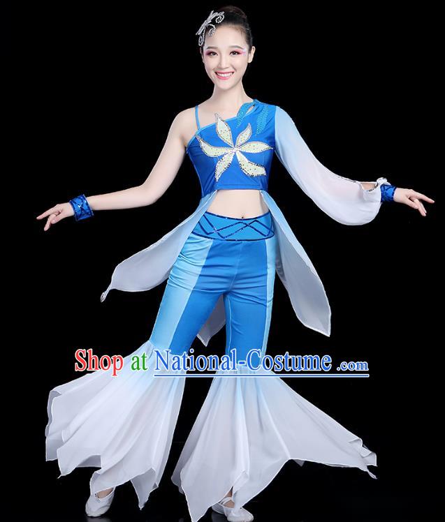 Traditional Chinese Classical Dance Blue Uniform Fan Dance Costume, China Yangko Folk Umbrella Dance Clothing for Women