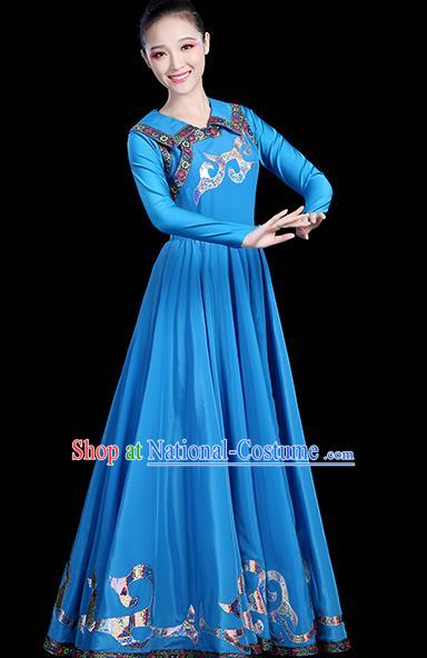 Traditional Chinese Mongol Nationality Dance Costume, Chinese Mongolian Minority Folk Dance Embroidery Blue Dress Clothing for Women