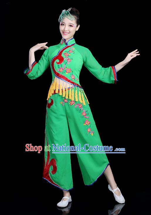 Traditional Chinese Yangge Fan Dance Green Costume, China Classical Folk Dance Yangko Umbrella Dance Clothing for Women