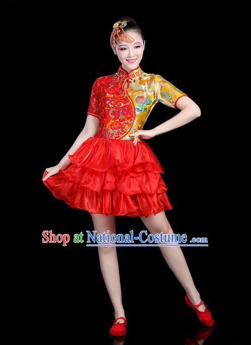 Traditional Chinese Modern Dance Opening Dance Clothing Chorus Competition Red Bubble Dress for Women