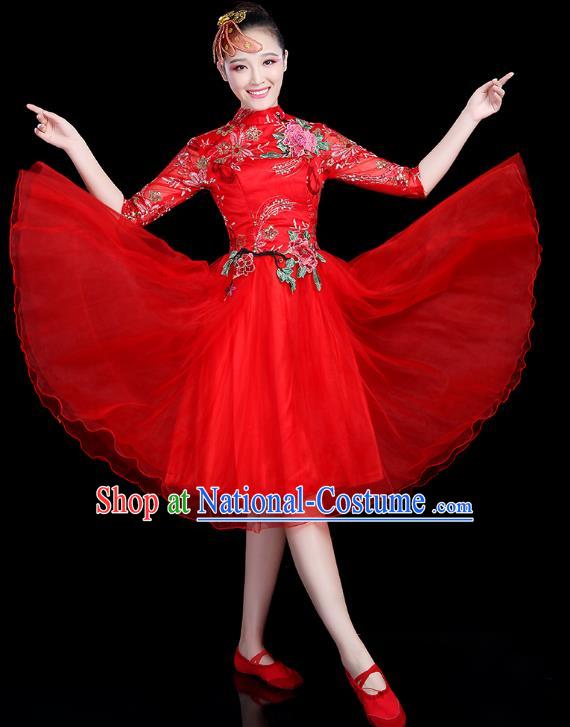 Traditional Chinese Modern Dance Opening Dance Clothing Chorus Competition Red Veil Bubble Dress for Women