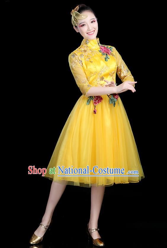 Traditional Chinese Modern Dance Opening Dance Clothing Chorus Competition Yellow Veil Bubble Dress for Women