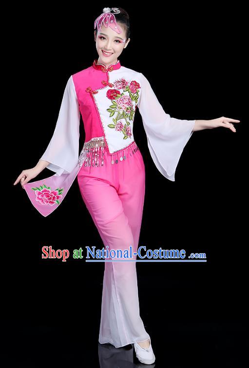 Traditional Chinese Yangge Fan Dance Pink Costume, China Classical Folk Dance Yangko Umbrella Dance Clothing for Women