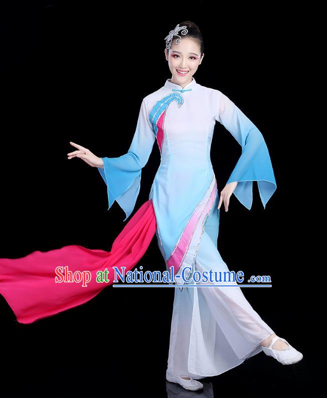 Traditional Chinese Yangge Fan Dance Costume, China Classical Folk Dance Yangko Umbrella Dance Blue Clothing for Women